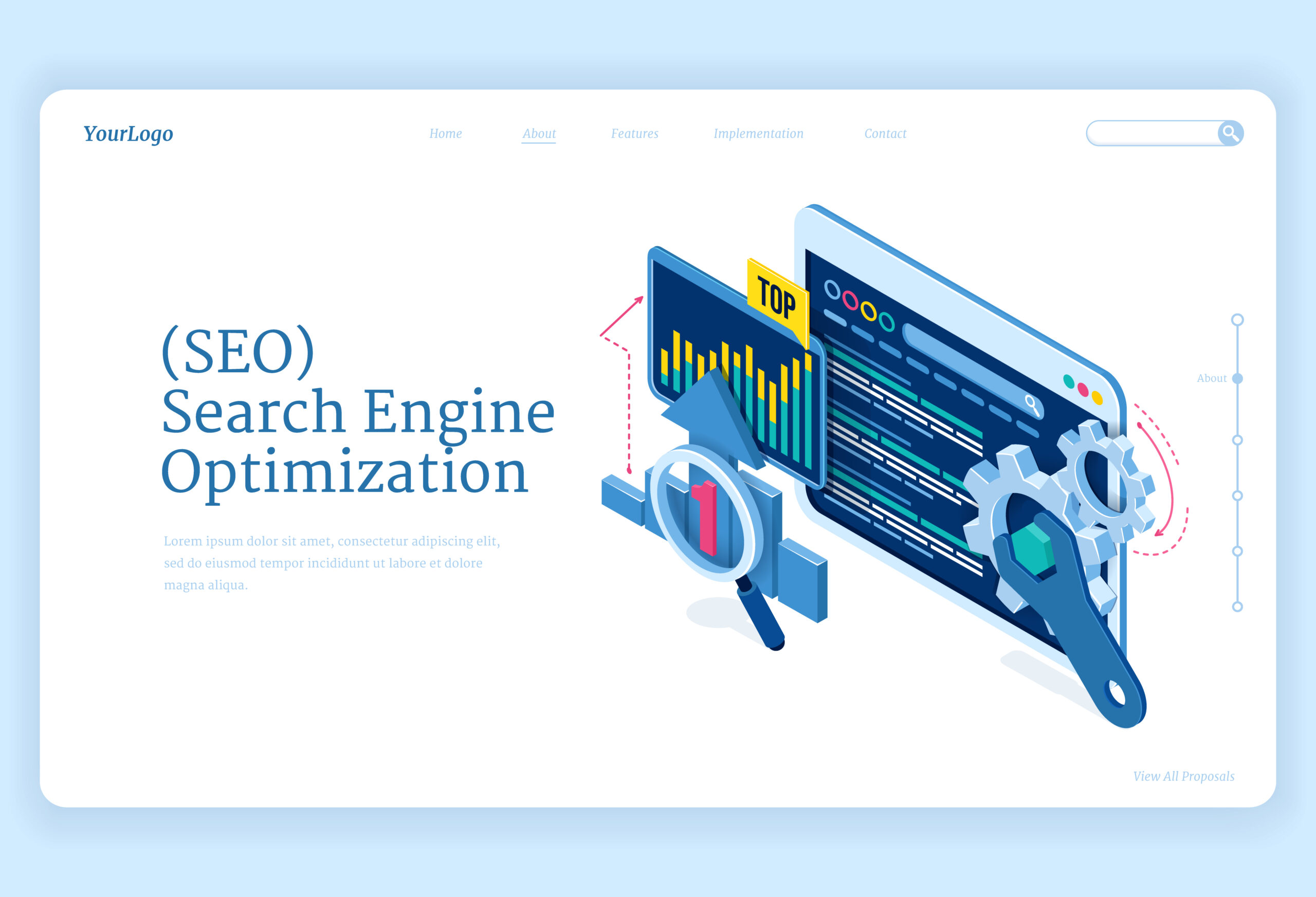 An illustration of the search engine optimization process using analytics, ranking tools, and gears that stand in for SEO strategy and website expansion
