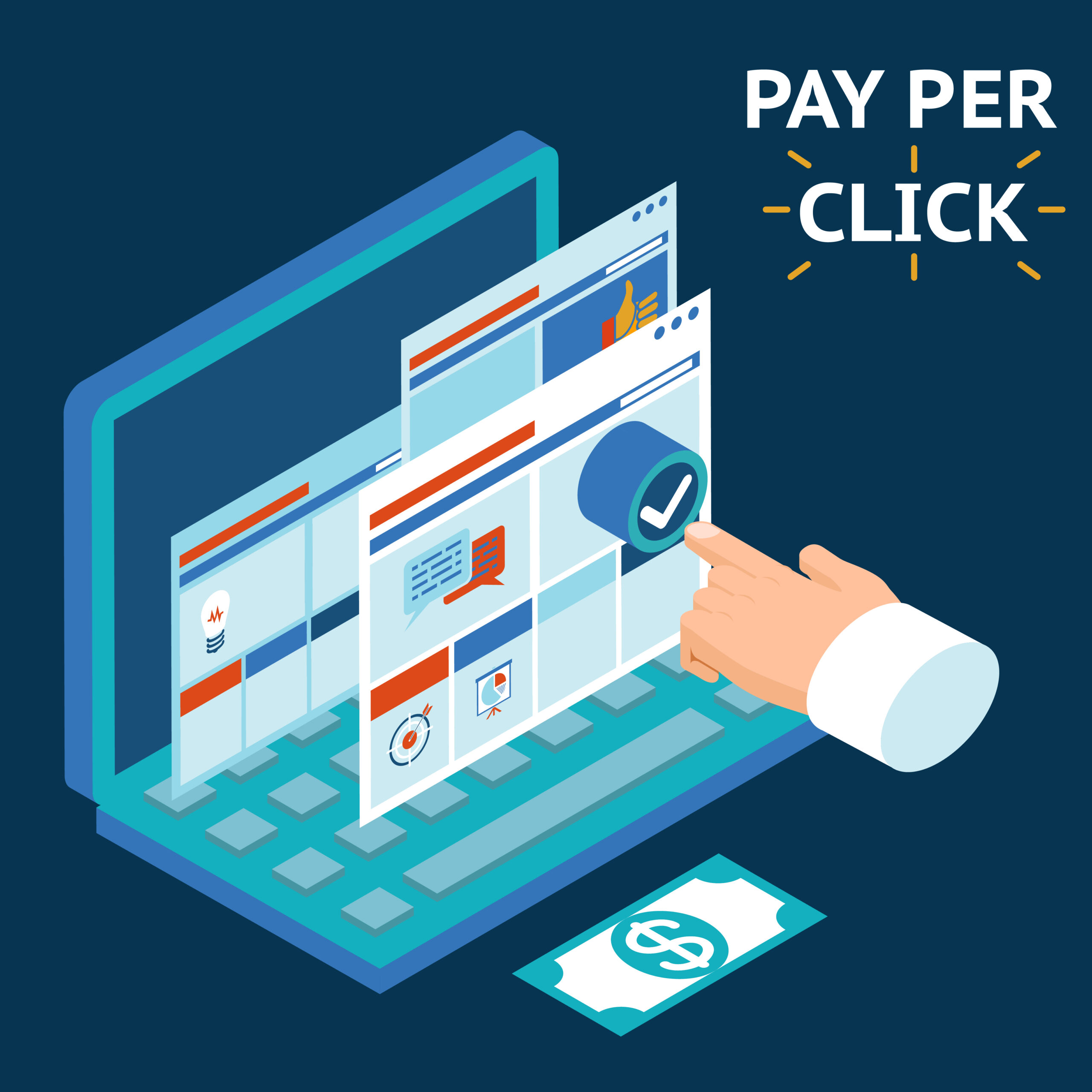PPC marketing and paid campaigns are depicted in this illustration of pay-per-click advertising, which shows a hand clicking on digital adverts on a laptop screen.