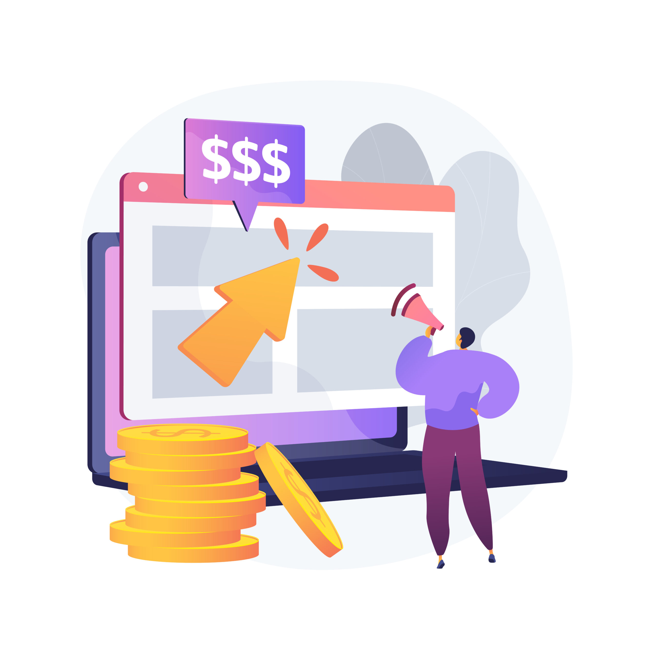 Coins, a big click arrow, and a person pushing paid advertisements on a laptop screen serve as symbols for pay-per-click advertising and ROI increase in this example of PPC marketing.