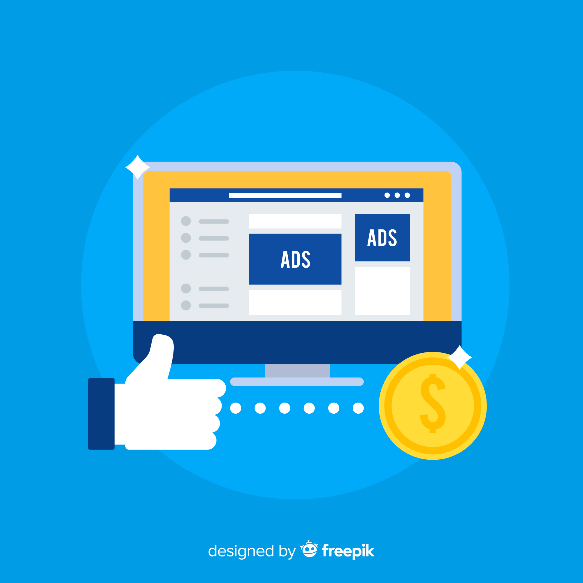 PPC marketing and online ad success are represented by the dollar coin, thumbs-up icon, and computer screen advertisements in this illustration of paid advertising.