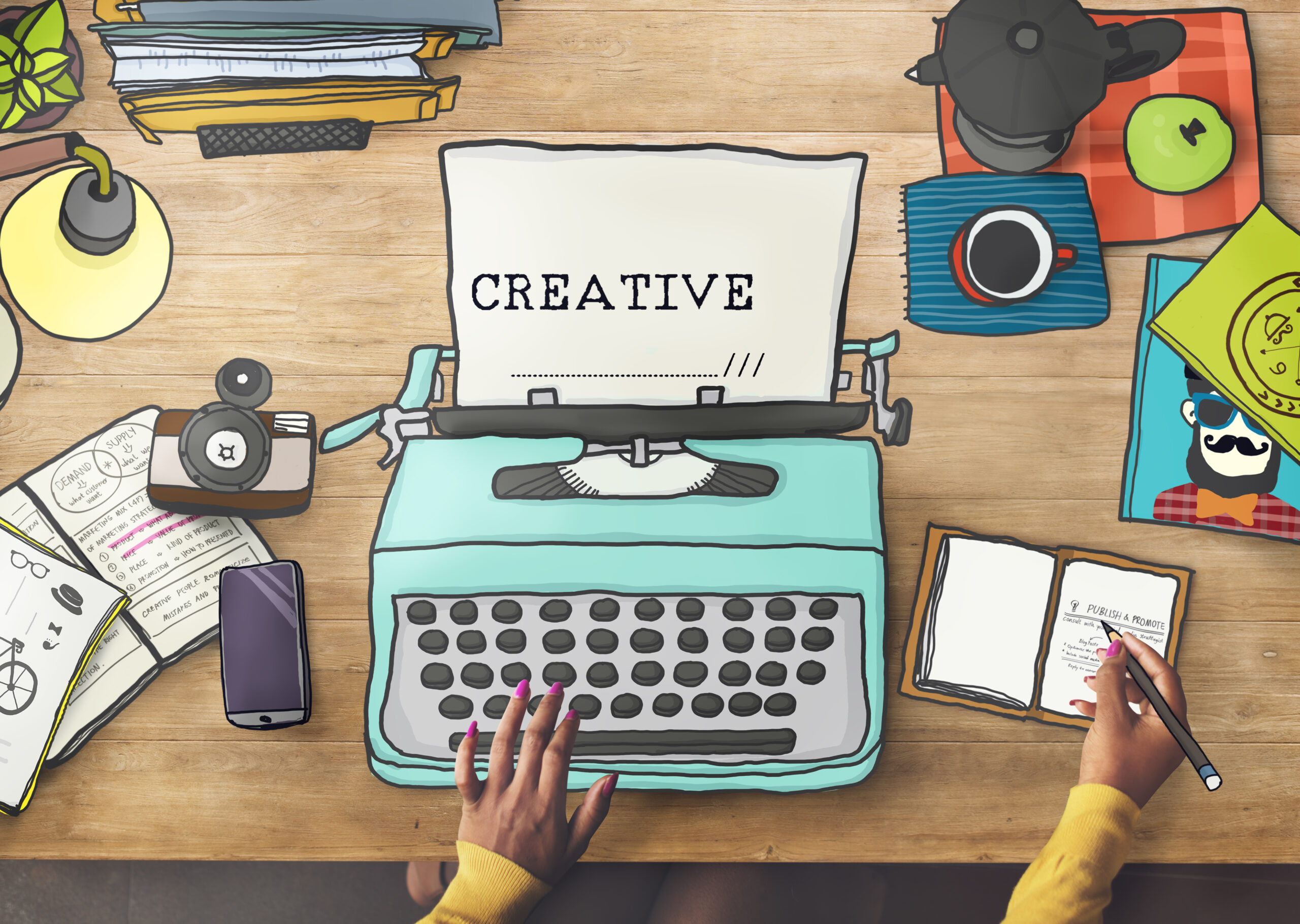 A person using creative materials and an antique typewriter to type represents content production and marketing strategy.