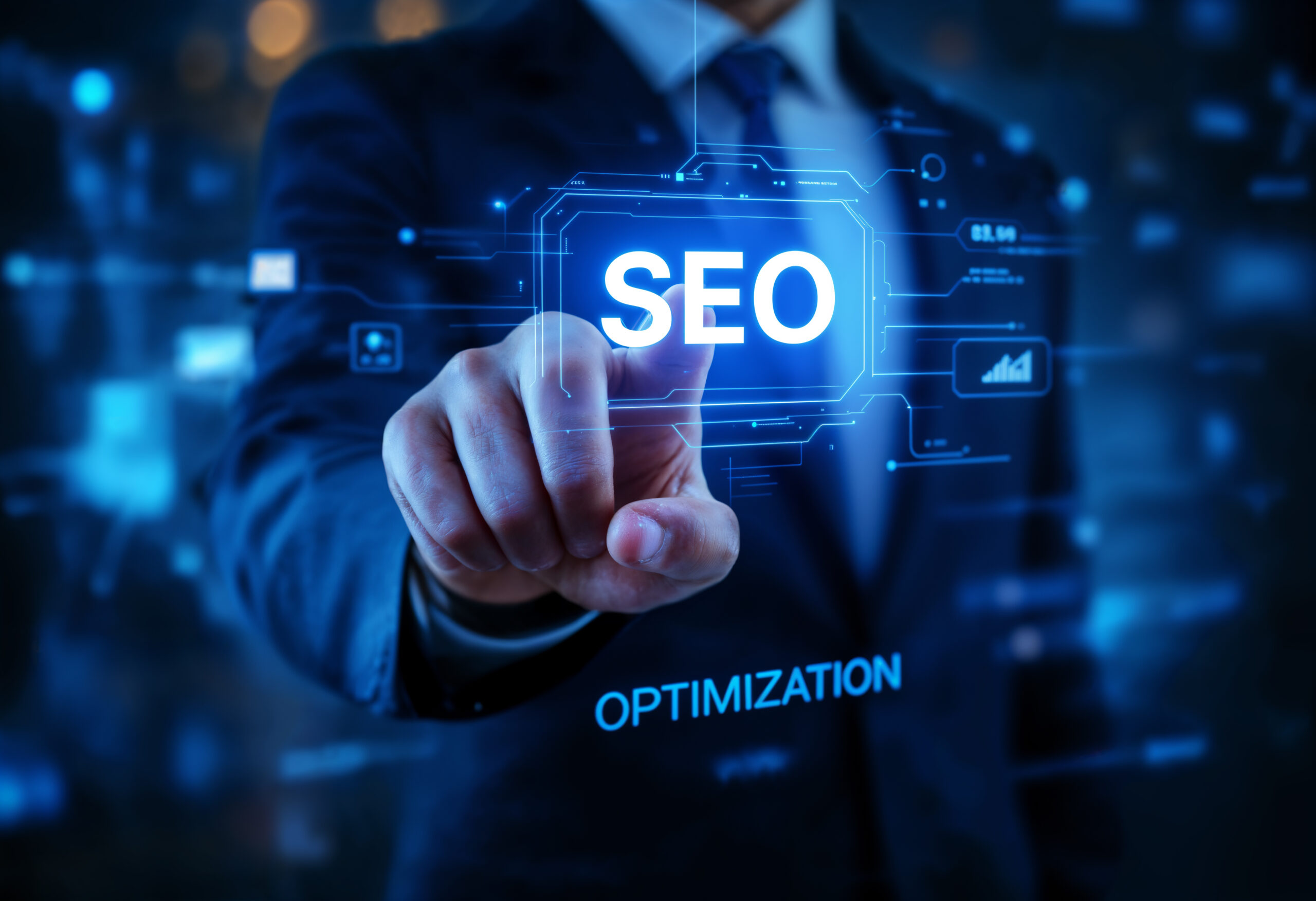 A business expert pointing to a digital interface for SEO optimization that symbolizes search engine marketing and expansion.