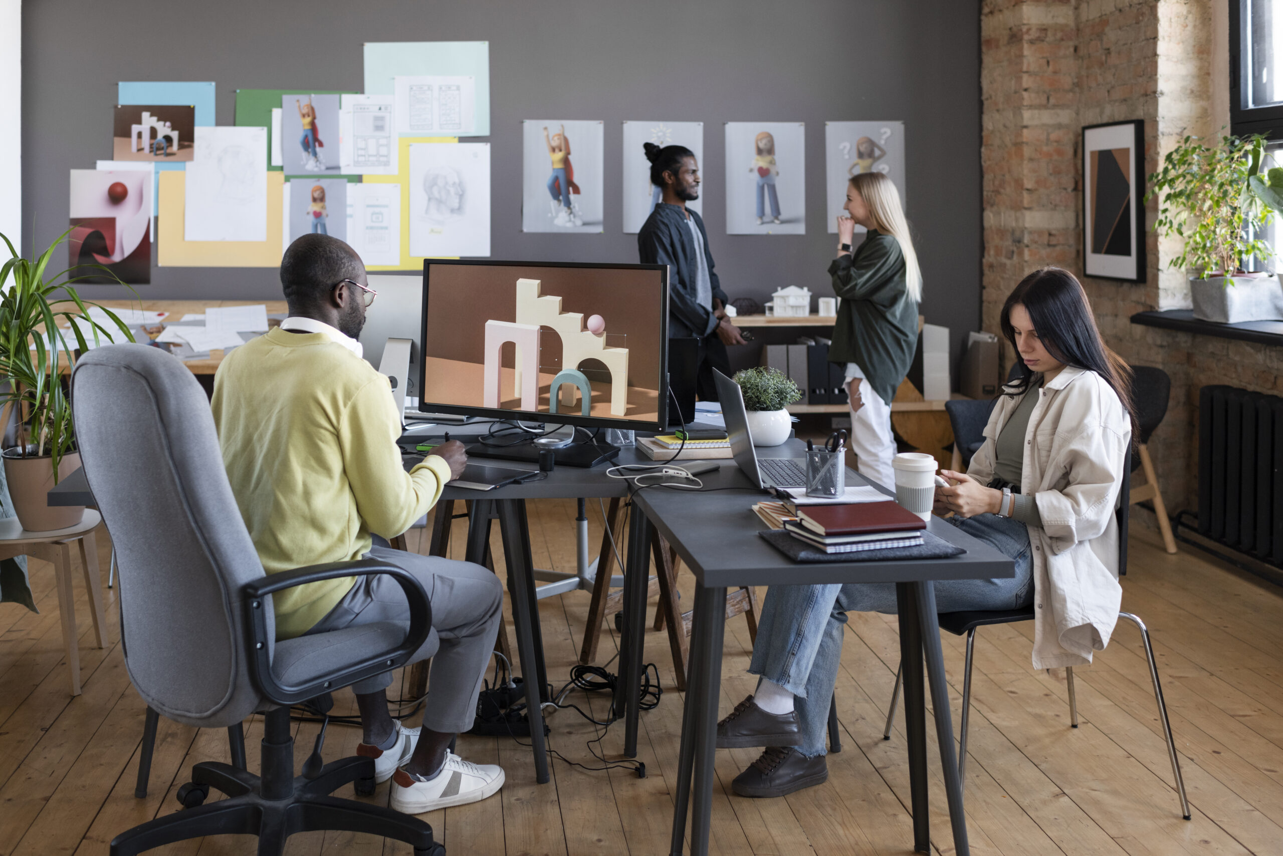 A group of designers working together in a contemporary creative studio, using computers and wall sketches to work on digital projects and 3D animation.