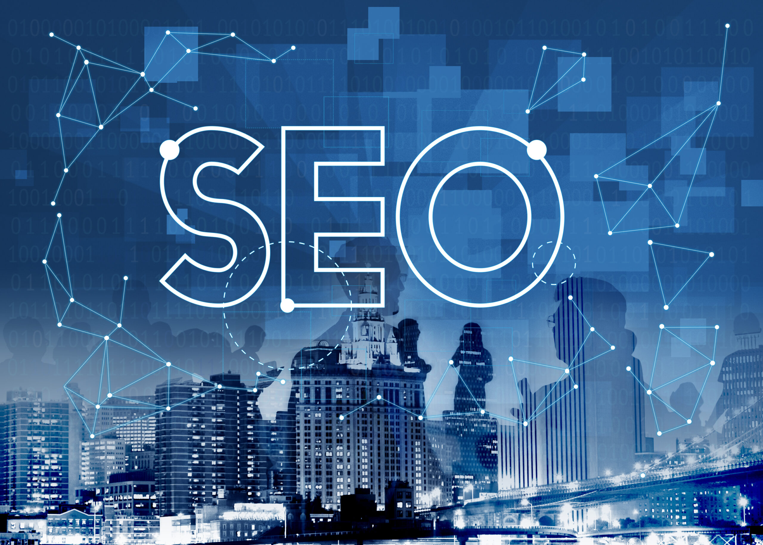 Search engine optimization, data analytics, and online marketing strategy are represented by the digital SEO idea above the city skyline.